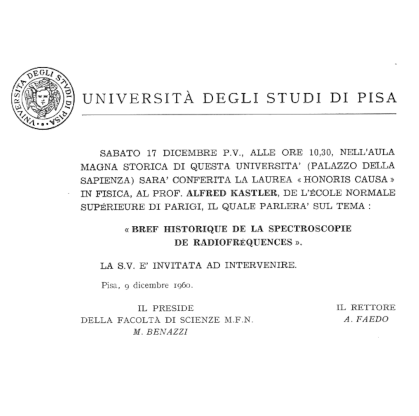 dicembre, l’invito per la lectio magistralis di Alfred Kastler